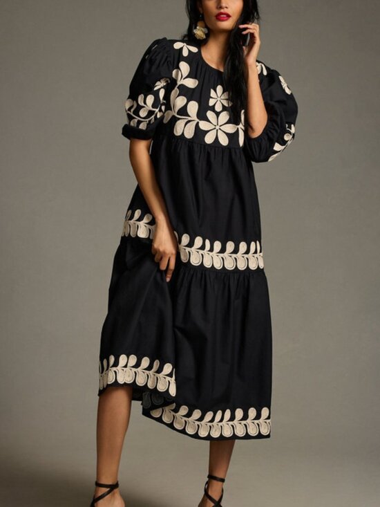 By Anthropologie Dresses & Skirts - ANTHROPOLOGIE EMBROIDERED PUFF-SLEEVE MIDI DRESS